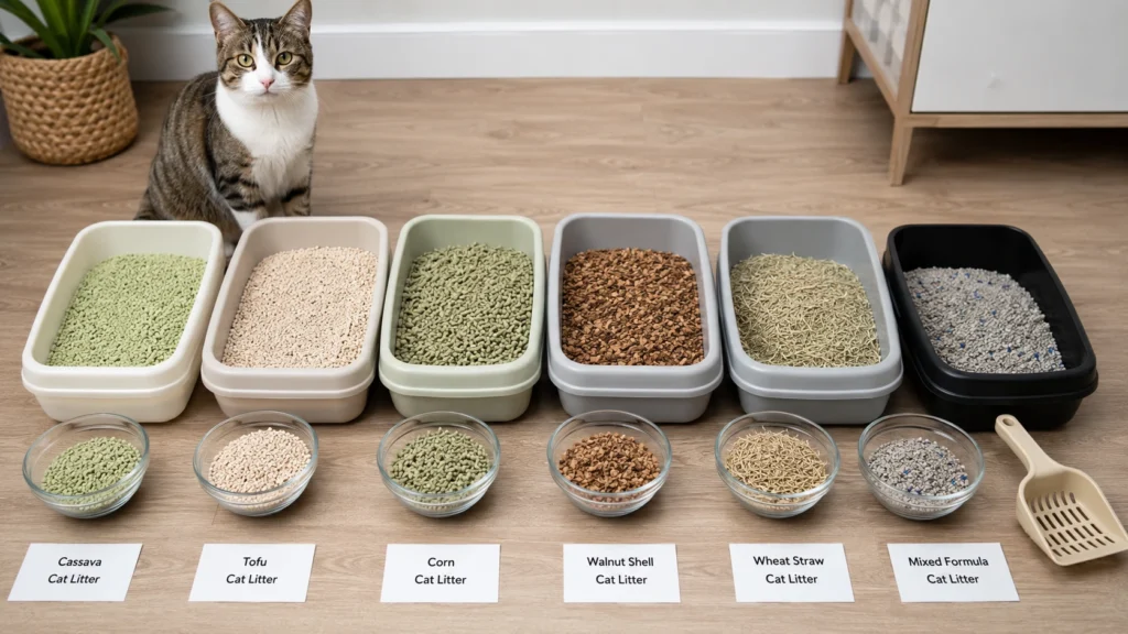 Cat with different cat litter types including tofu, cassava, corn, walnut shell, wheat straw, and clay litter for odor control comparison.