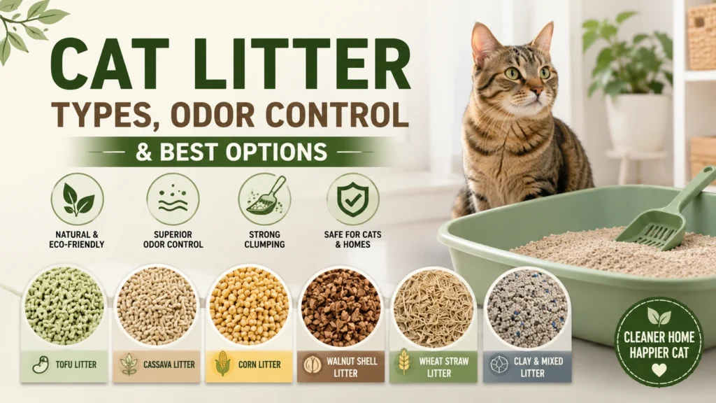 Cat litter types guide featuring tofu, cassava, corn, walnut shell, wheat straw, and clay litter with odor control benefits and best options for cats.