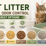 Cat litter types guide featuring tofu, cassava, corn, walnut shell, wheat straw, and clay litter with odor control benefits and best options for cats.