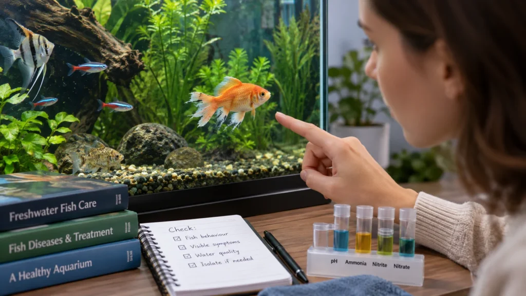 Aquarium fish being examined for signs of bacterial infection alongside a fish health guide and water testing kit