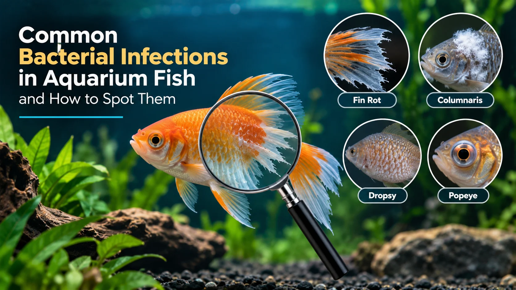 Common bacterial infections in aquarium fish including fin rot, columnaris, dropsy, and popeye