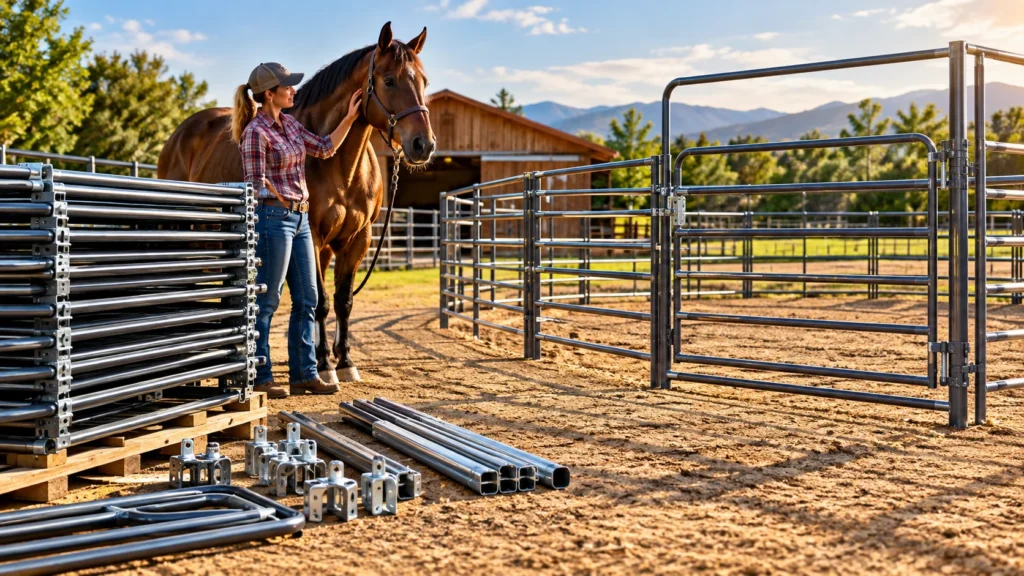 Horse corral panels and a complete horse corral kit compared at a ranch